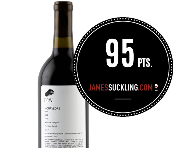 Bottle of Mourvedre red wine with the James Suckling point rating badge