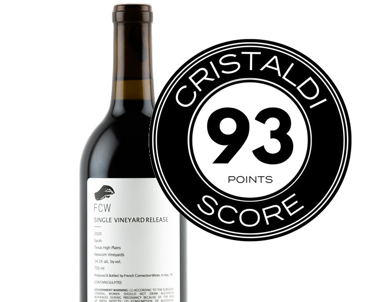 Bottle of Syrah red wine with the Cristaldi point rating badge
