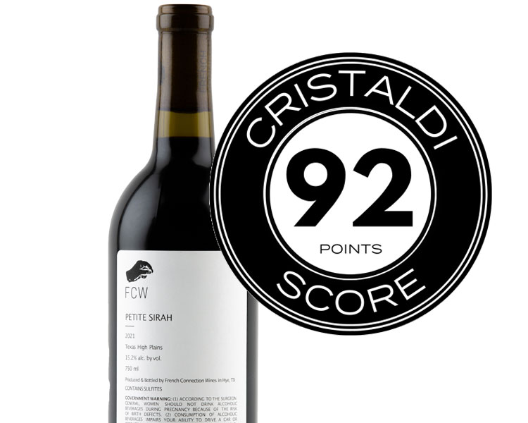 Bottle of Petite Sirah red wine with the Cristaldi point rating badge