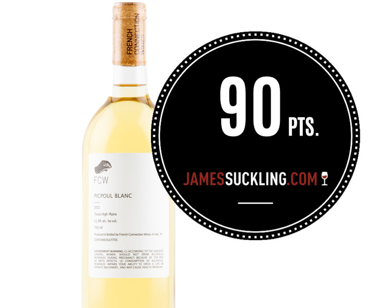 Bottle of Picpoul Blanc with the James Suckling point rating badge
